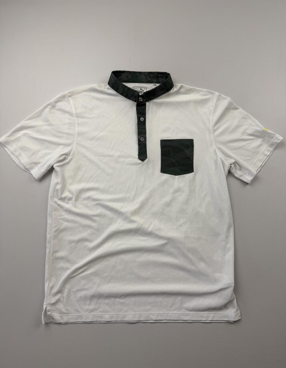 Puma Polo Shirt Mens Medium White Camo Collar Golf Performance Lightweight